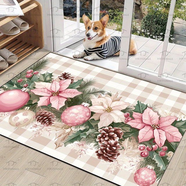 VIKAMA Druckteppich mit rosa Blumenmuster und weihnachtlichem Karomuster, rutschfest und wasserabsorbierend, Fußmatte für den Eingangsbereich - Bild 1