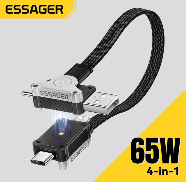 Essager 4-in-1 USB-C Mecha Schnellladekabel 65 W in Schwarz für iPhone 16 15 14 und MacBook - Bild 1