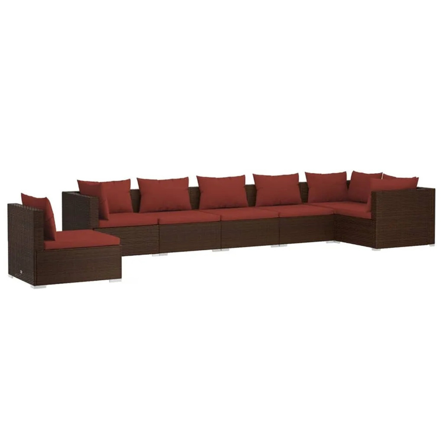 vidaXL 7-tlg. Garten-Lounge-Set in L-Form aus Poly-Rattan mit Kissen in Braun und Rot - Bild 2