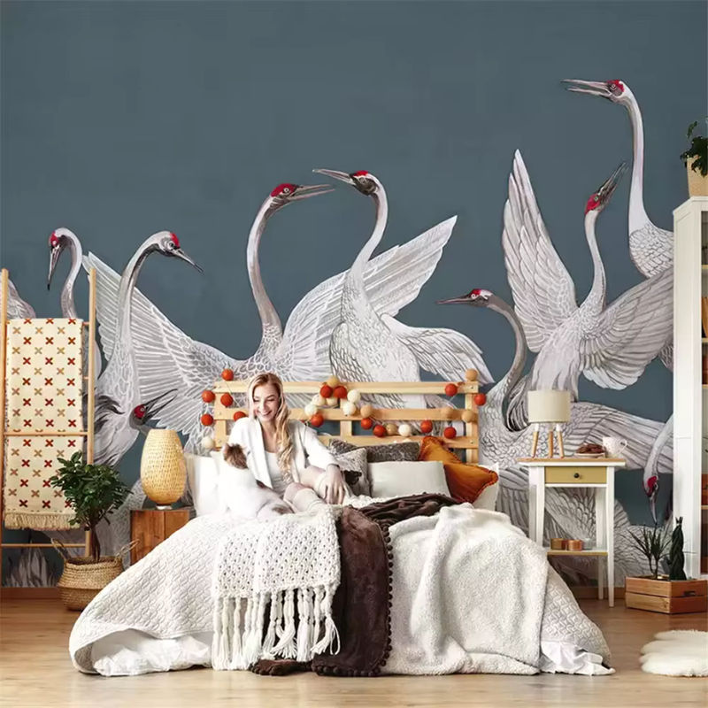Japanische 3D-Luxus-Wandtapete mit rotem Kranich in orientalischem Design für dein Wohnzimmer oder den TV-Hintergrund, Farbe: Rot - Bild 4