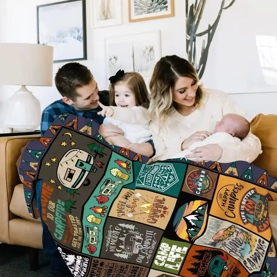 VIKAMA Patchwork Decke im Vintage-Camping-Stil, Mehrfarbig, Grafik-Design - Bild 4