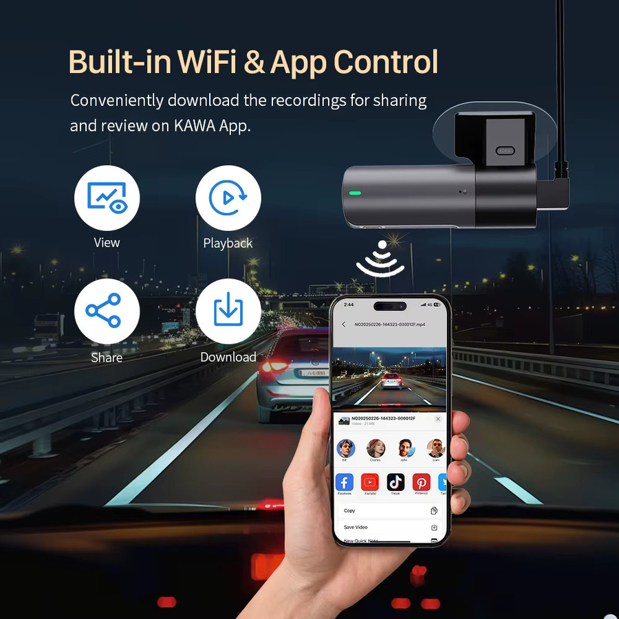 KAWA Dashcam D5 Gen2 Auto-Videorecorder in 2K mit WLAN, App- und Sprachsteuerung sowie Nachtsicht, Schwarz - Bild 4