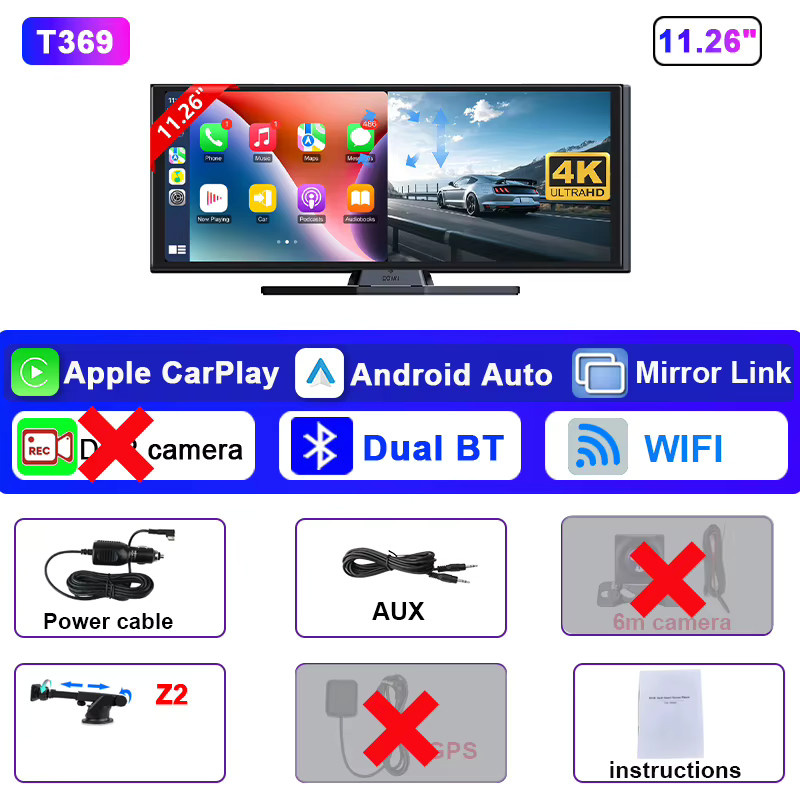 Srnubi 11,26 Zoll Touchscreen Automonitor mit kabellosem CarPlay, Android Auto, Mirror Link, GPS-Navigation und 4K Dual-Lens Dashcam Videorekorder in Schwarz - Bild 6
