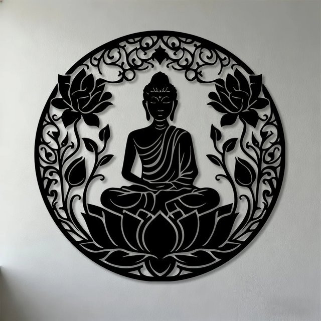 CIFBUY Buddha Lotus Mandala Metall-Wandkunst in Schwarz, geometrische Eisen-Dekoration für dein Zuhause - Bild 1