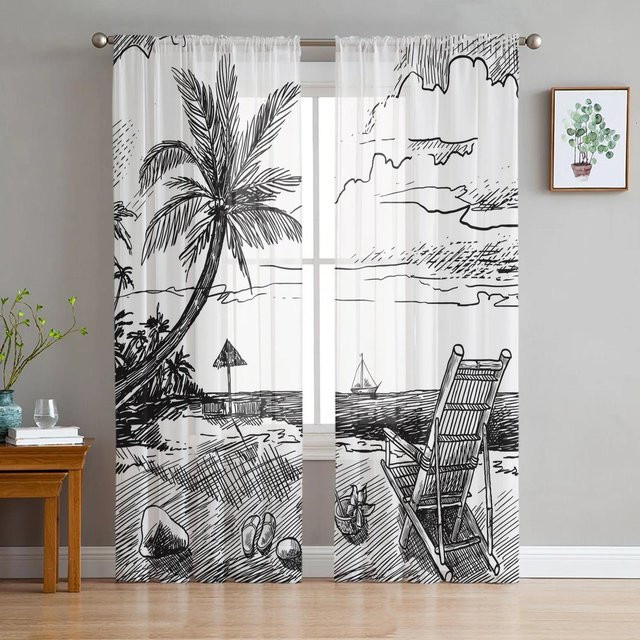 Yiran Furniture Transparentes Tüll-Voile-Organza-Fenstervorhang mit schwarz-weißem Streifenmuster, Breite: 135 cm, Höhe: 137 cm - Bild 1