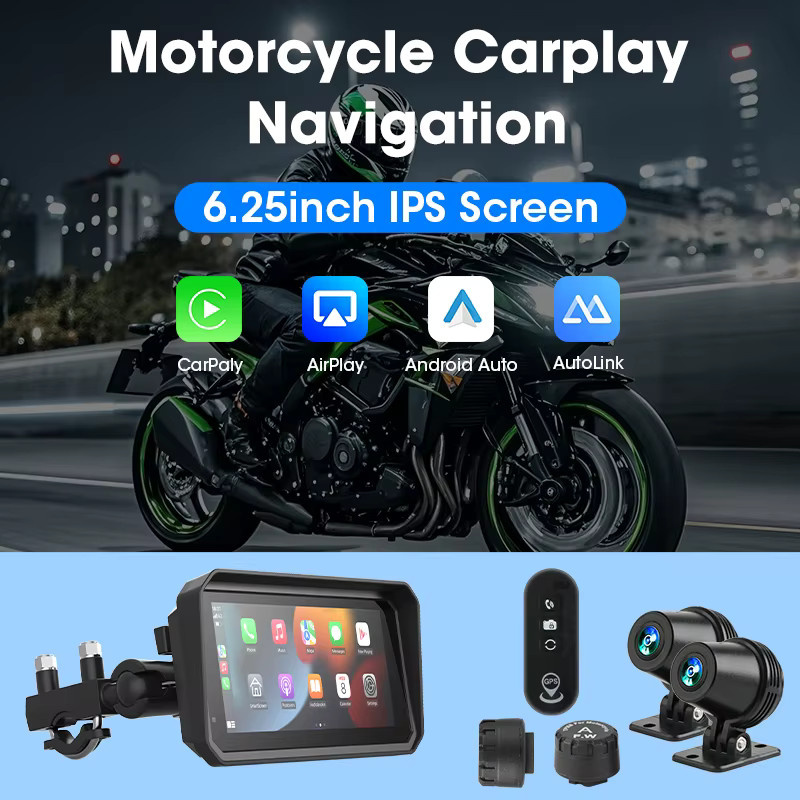 Srnubi Moto DVR GPS Motorrad Navigator mit 6,25 Zoll Touchscreen, 4K Frontkamera und 1080P Rückfahrkamera, Wireless CarPlay und Android Auto, Schwarz - Bild 2