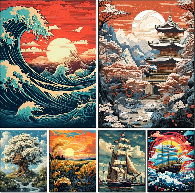 QIZITENG Diamant-Gemälde Set mit Segelboot und Sonnenuntergang als Wanddekoration, quadratisches Mosaik-Kreuzstich-Set, Breite: 20 cm, Höhe: 20 cm - Bild 1