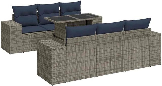 vidaXL 7-teilige Garten-Sofagarnitur aus Poly Rattan und Akazie in Grau mit Kissen - Bild 1