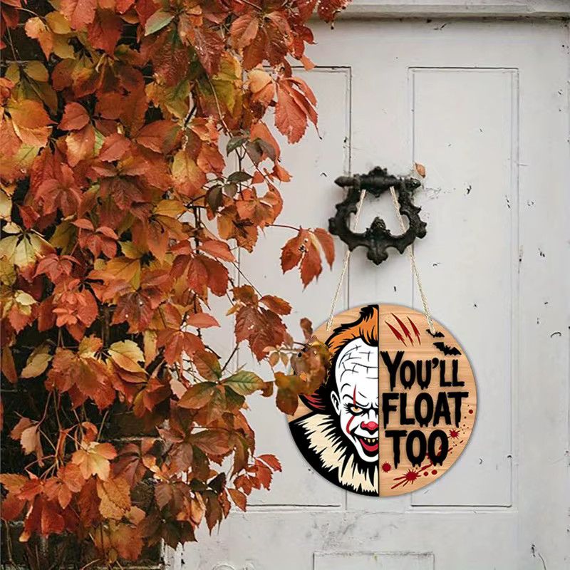 Rundes Holzschild von Potdemiel mit Pennywise-Clown und You'll Float Too Motiv für Halloween - Bild 5