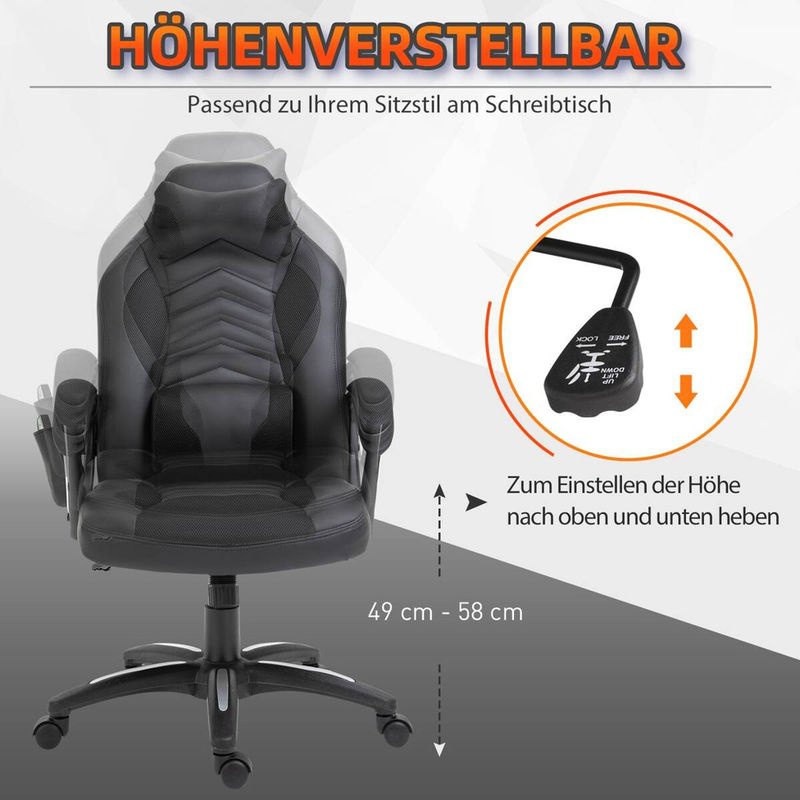 HOMCOM Gaming Stuhl in Schwarz aus Kunstleder mit Kopfstütze und 360 Grad Drehsitz, B/T/H: 68 x 49 x 117 cm - Bild 10