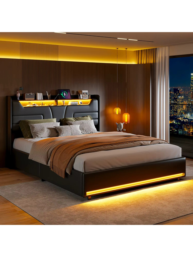 Rosahqnda Gepolstertes Doppelbett in Schwarz mit Stauraum und Kopfteil, B/T/H: 140 x 200 cm - Bild 6