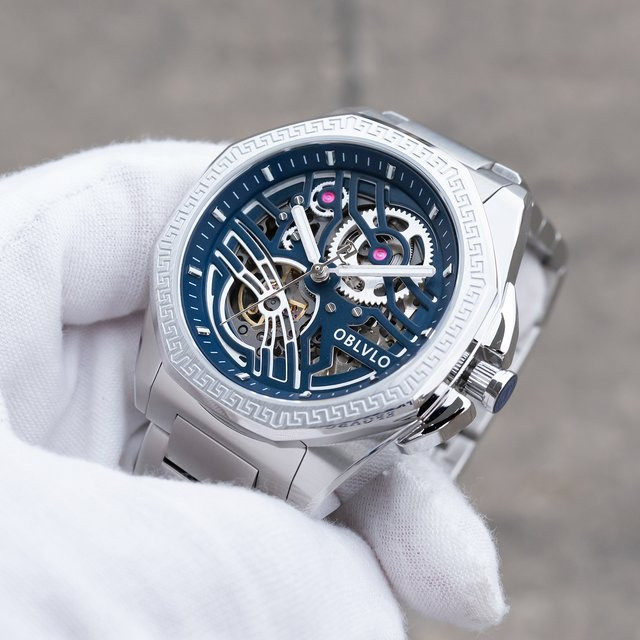 OBLVLO Armbanduhr Herren, Automatik, Edelstahl, blaues Zifferblatt, eckig - Bild 1