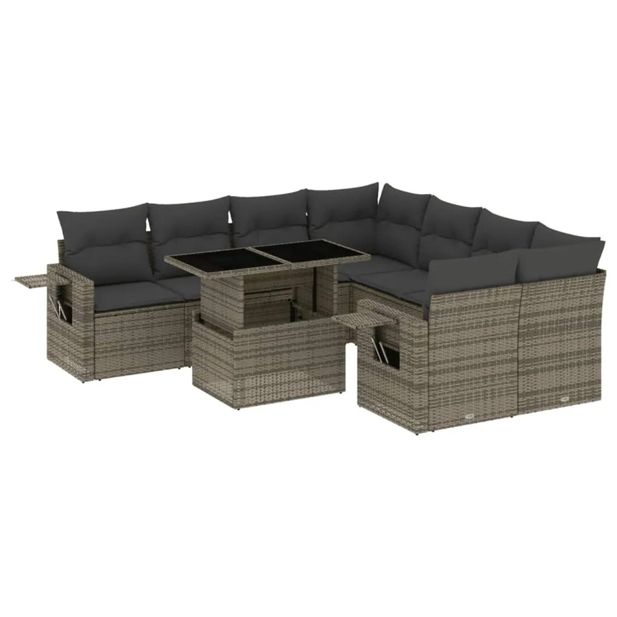 vidaXL 9-tlg. Garten-Sofagarnitur aus Poly Rattan in Grau mit Kissen aus Polyester und pulverbeschichtetem Stahl - Bild 2