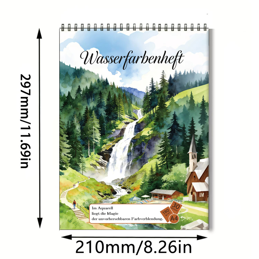 A4 Spiral-Aquarell-Skizzenbuch mit säurefreiem 180g/m² Papier und Wasserfall- & Waldlandschaft-Cover für Kunst und Skizzen - Bild 2