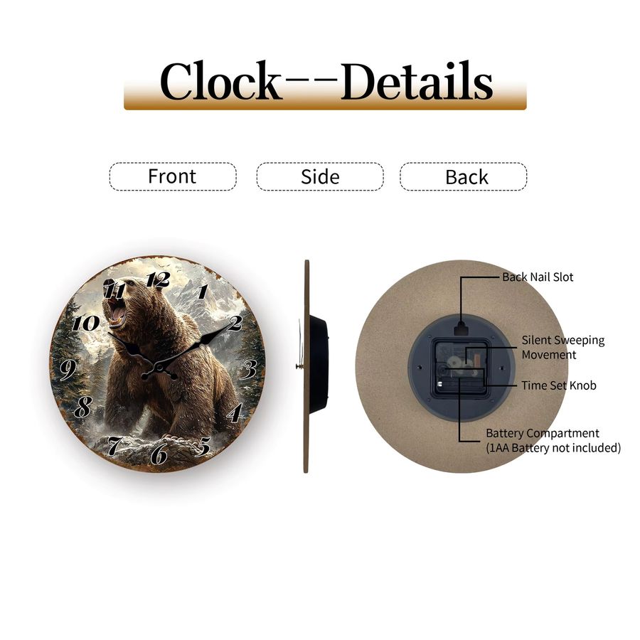 Wild Bear Wanduhr Snow Mountain Naturkunstdekor als stille runde Quarzuhr - Bild 4