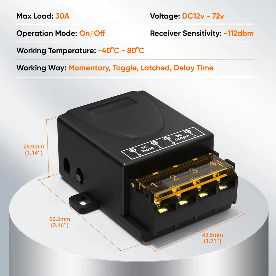 CENTURY AOKE Smart Home RF Funkfernbedienungsschalter 433MHz DC 12V 24V 36V 48V 30A Relais für Licht, Lampe, Wasserpumpe und Türzugangssystem in Schwarz - Bild 3
