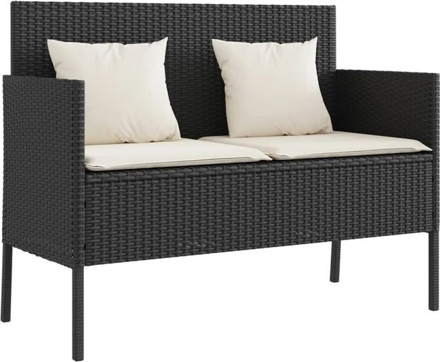 vidaXL Gartenbank aus Polyrattan mit Kissen in Schwarz und Weiß, moderne Gartenbank mit Armlehnen und UV-beständigen Polstern - Bild 1