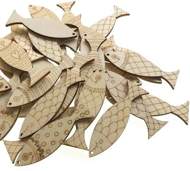 Holzscheiben, Fischform, 50-teiliges Set, unlackiert, beige - Bild 1