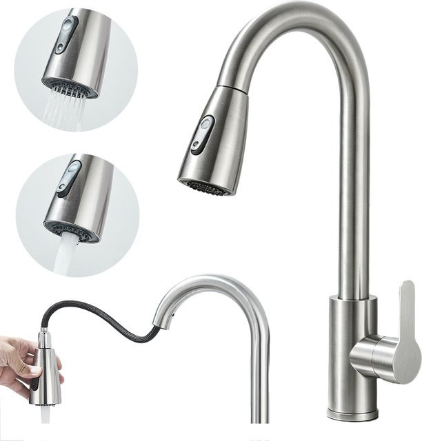 Quyanre Küchenarmatur aus Edelstahl mit ausziehbarem Brausekopf und zwei Strahlmodi, Einhebelmischer für die Arbeitsplatte in Silber (Brushed Nickel) - Bild 1