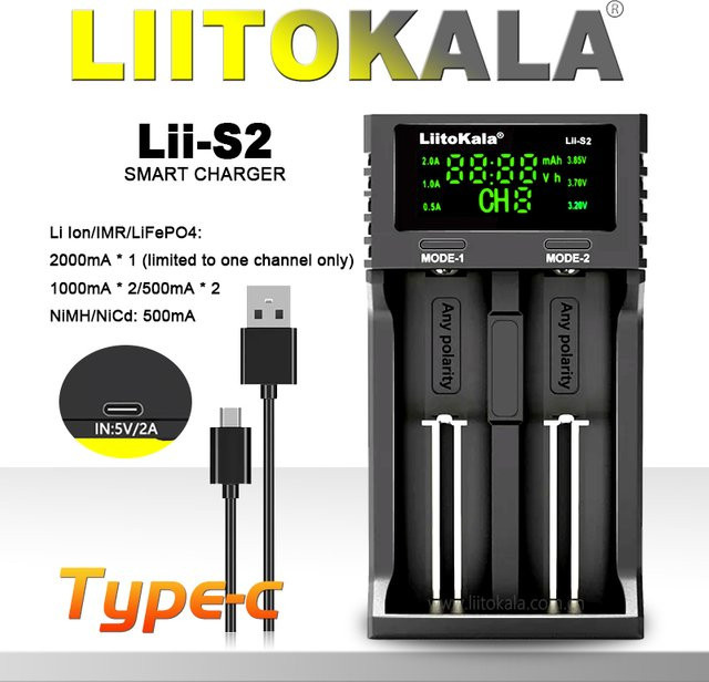 LiitoKala Lii-S2 Multi-kompatibles Akku-Ladegerät für AA, AAA und 18650 Lithium-Ionen-Akkus in Schwarz - Bild 1