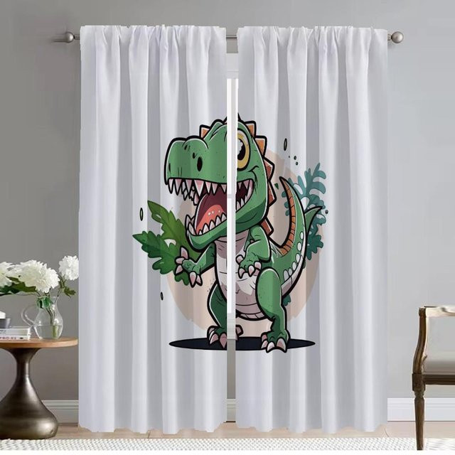 Verdunkelungsvorhang mit Dinosaurier-Motiv, 2er-Set, Farbe: Weiß, Breite: 50 cm, Höhe: 70 cm - Bild 1