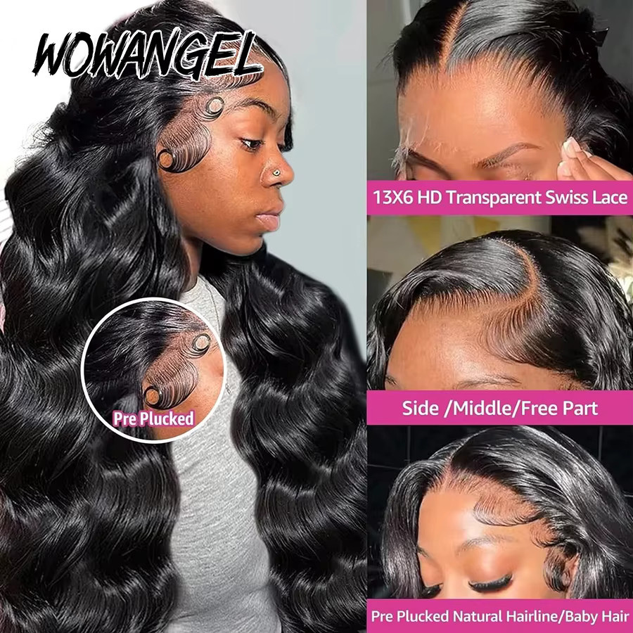 Wow Angel Body Wave Jet Black Echthaarperücke, 250 %, HD Lace Full Frontal, Damen - Bild 2