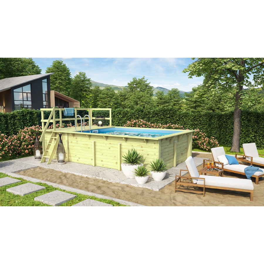 Karibu Aufstellpool Set in Blau mit Sonnenterrasse, Poolfolie, Schutzvlies und Einhängeleiter aus Massivholz - Bild 2