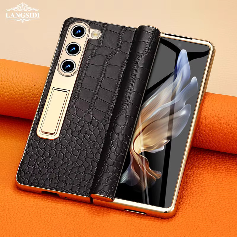 LANGSIDI Ledertasche für Samsung Galaxy Z Fold 6 5 4 3 mit vergoldetem Magnetscharnier und Spiegelfolie in Gold oder Weiß - Bild 1