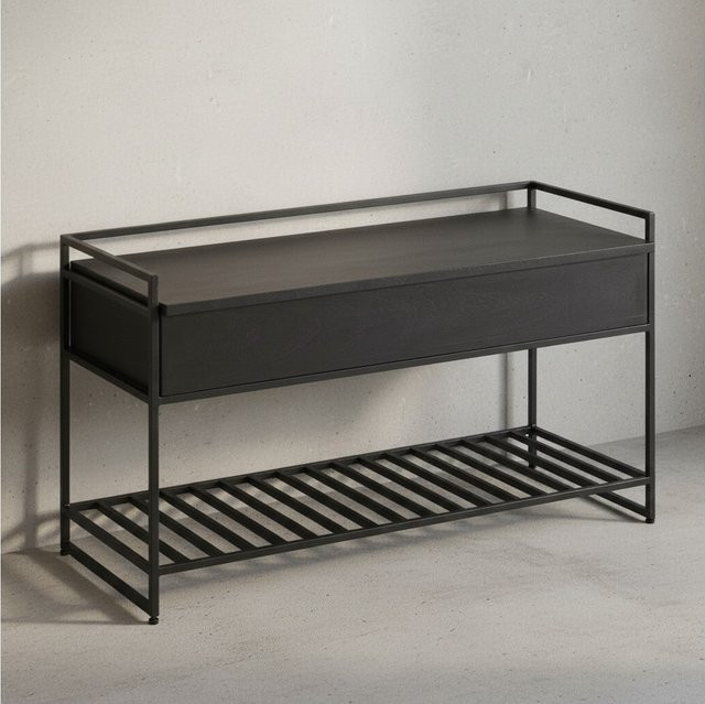 KADIMA DESIGN Flurbank SILLARO aus Mango-Massivholz und Eisen in Braun mit hochklappbarer Sitzfläche und Schuh-Aufbewahrung, B/T/H: 90 x 52 x 38 cm - Bild 1