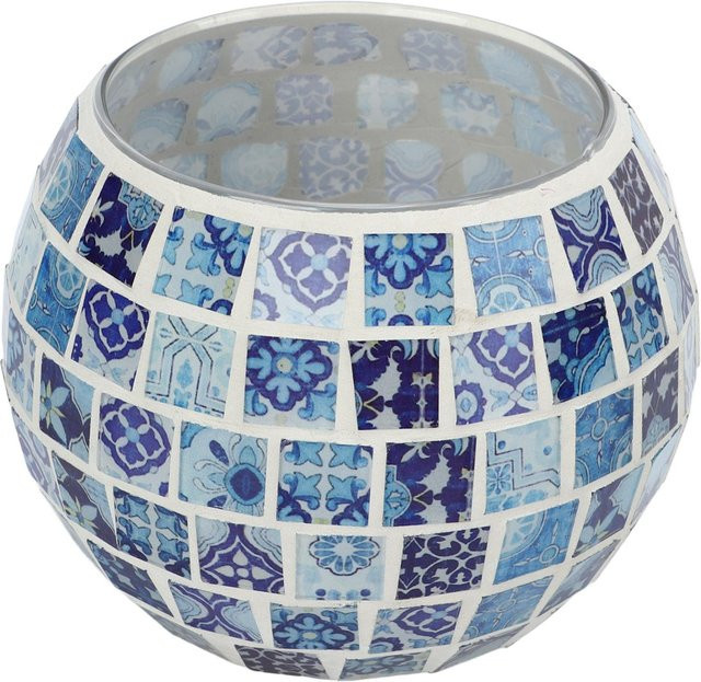 Handgefertigter Teelichthalter von Tooarts aus Glas mit blauem und weißem Mosaik-Blumenmuster - Bild 1