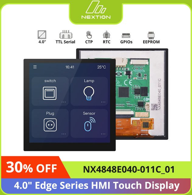 Nextion NX4848E040-011C Edge-Serie HMI-Touchdisplay 4 Zoll LCD-TFT-Bildschirmmodul mit kapazitivem Touchscreen in Schwarz und 480x480 Auflösung - Bild 1