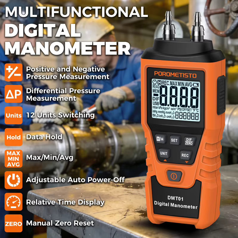 DMT01 Digitales Manometer Druckmessgerät in Orange mit 12 Druckeinheiten als Differenzdruck-Detektor und Luftdruckmesser - Bild 2
