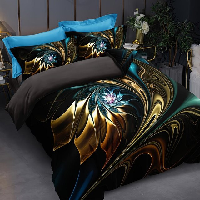 Bettwäscheset Your Warm Home mit Blumenmuster in Schwarz und Gold, bestehend aus 1 Bettbezug und 2 Kissenbezügen, B/H: 210 x 210 cm, Kissenbezüge: 50 x 70 cm - Bild 1