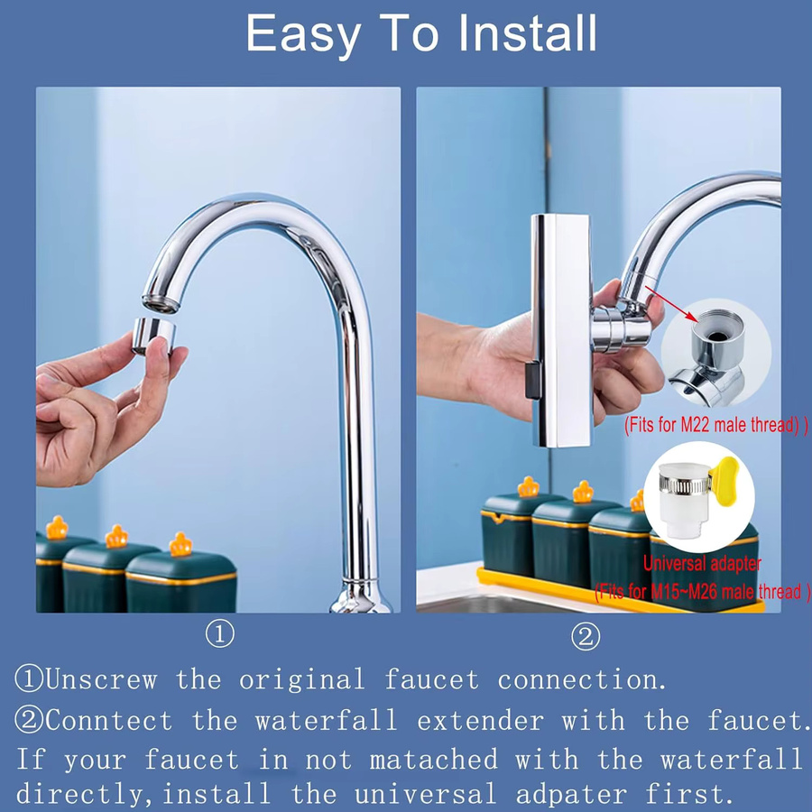 Universeller Küchen-Wasserfallhahn in Chrom Silber mit drehbarem Auslauf, Spritzschutz-Düse und drei Geschwindigkeiten für Küche und Bad - Bild 5