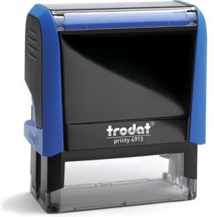 Adress-Stempel trodat Printy 4913 mit blauem Gehäuse und schwarzem Stempelabdruck - Bild 1