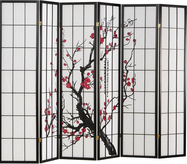 Homestyle4u 6-tlg. Paravent im japanischen Stil mit Kirschblütenmotiv in Schwarz, B/H: 263 x 179 cm - Bild 1