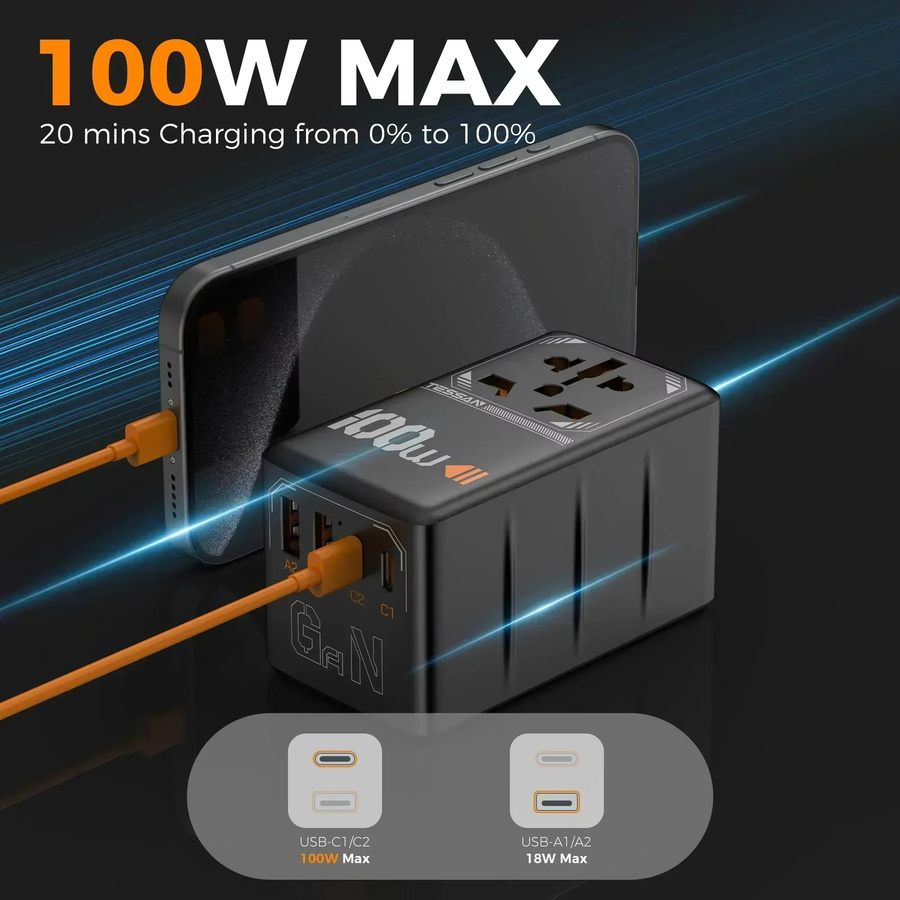 TESSAN 100 W GaN Universal-Reiseadapter mit USB und USB-C für schnelles Aufladen, internationaler Steckeradapter mit EU, UK, USA und AUS Anschlüssen - Bild 2