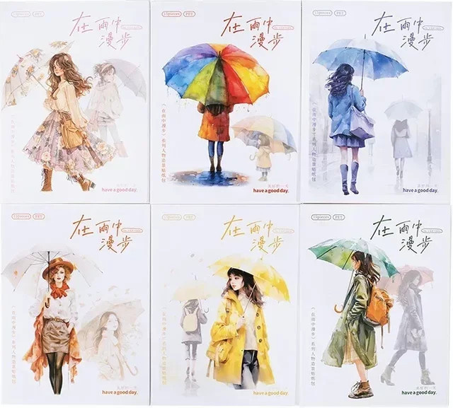 15 Stück Walking in the Rain Aufkleber mit Regenschirm-Charakter, buntes PET-Hintergrundzubehör für dein Sammelalbum, B/H: 13,9 x 9,5 cm - Bild 1