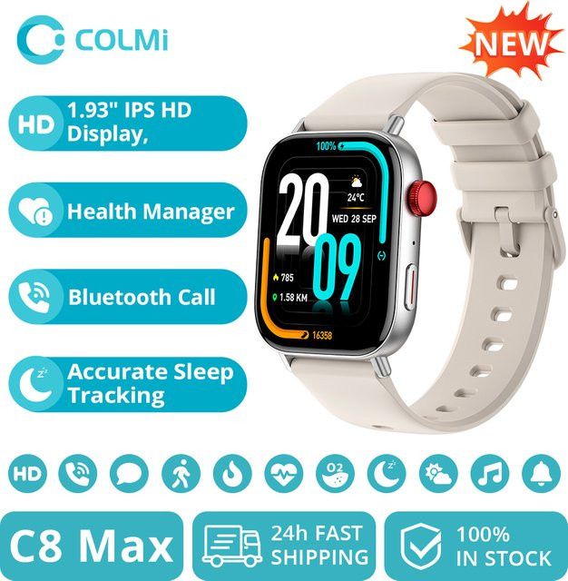 COLMI C8 Max Smartwatch in Gold mit 1,93 Zoll HD-Farbdisplay, Sprachanruf-Funktion und Gesundheits- sowie Fitness-Tracking für Männer und Frauen - Bild 1