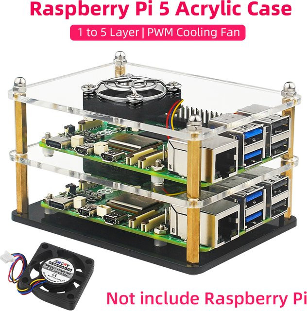Raspberry Pi 5 Acrylgehäuse in Transparent mit PWM-Lüfter und stapelbarem Design für DIY-Cluster-Projekte - Bild 1
