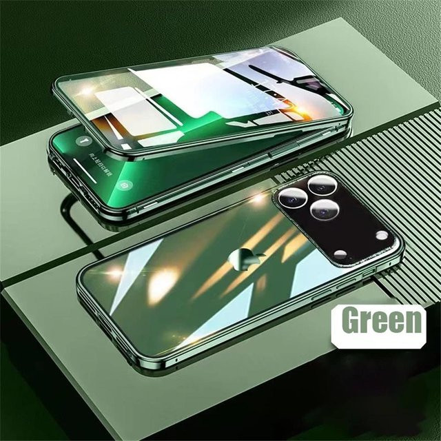 Magnetische 360° Vollschutz Handyhülle aus Metall und gehärtetem Glas für Apple iPhone 16 Pro Max 15 14 13 12 11 in Transparent und Grün - Bild 1