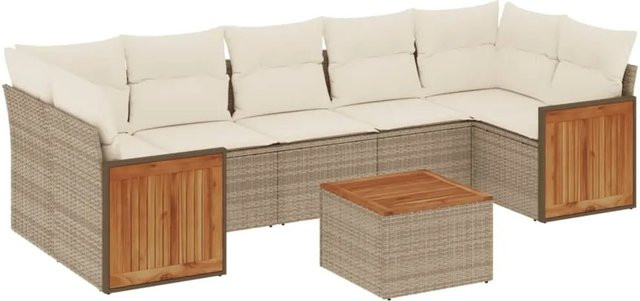 vidaXL 8-teilige Garten-Sofagarnitur in L-Form aus Poly-Rattan und Akazienholz mit Kissen in Beige-Creme - Bild 1