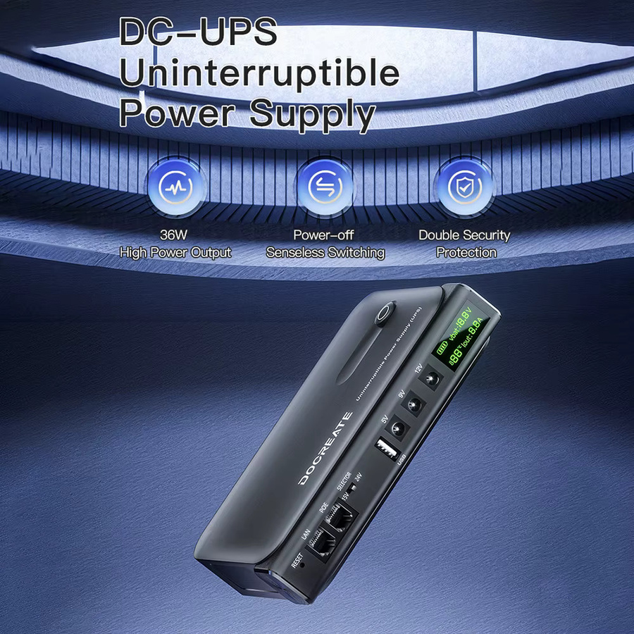 DC1036L Digitale USV Unterbrechungsfreie Stromversorgungsbox 36 W Multi-Ausgang 5 V/9 V/12 V/15 V/24 V für Router und Heimgeräte, Schwarz, ohne Batterie - Bild 2
