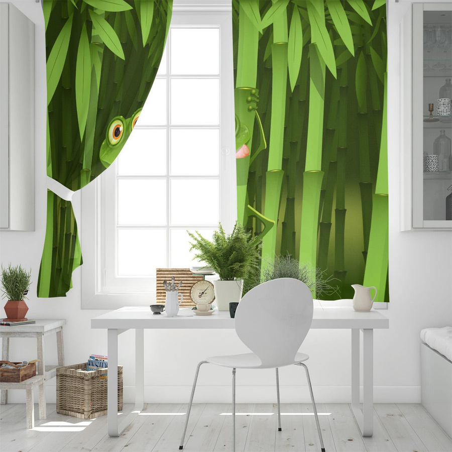 Bambus und Frosch Dekorative Fenstergardinen für dein Wohnzimmer, semi-transparent, Polyester, 2er-Set, Breite: 100 cm, Höhe: 160 cm - Bild 2