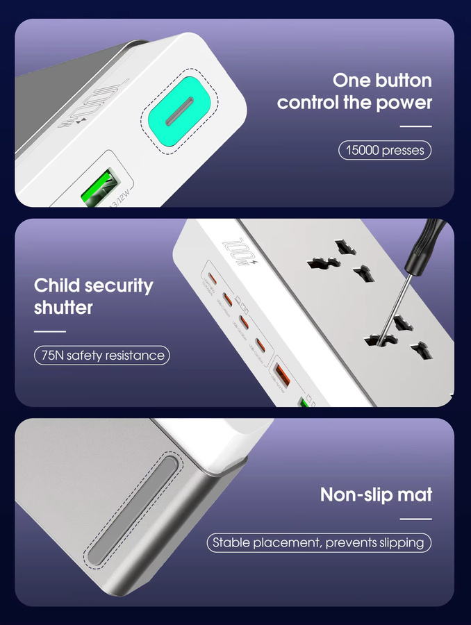 LDNIO 10-in-1 Desktop-Steckdosenleiste mit 100W Schnellladung, 3 AC-Steckdosen, USB-C und USB-A in Weiß - Bild 4