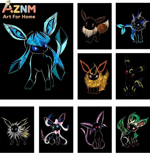 Abstraktes Pokemon Eeveelutions Leinwandgemälde von KAYOU mit Eevee, Umbreon und Leafeon in Mehrfarbig als moderne Anime-Wandkunst zur Dekoration deines Wohnzimmers - Bild 1