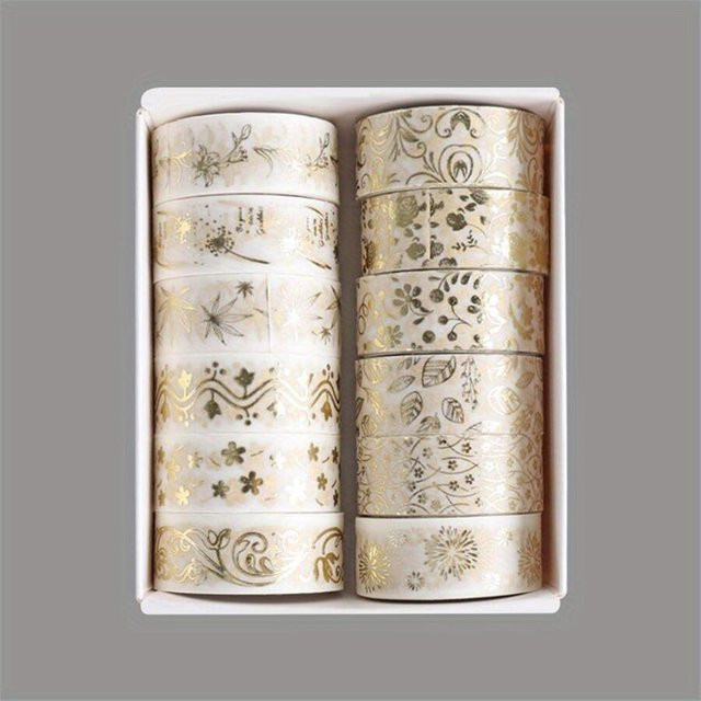 Love Home Garden Washi-Klebeband-Set mit Goldfolie und Blumenmotiven, 12 Rollen, Beige und Gold - Bild 1