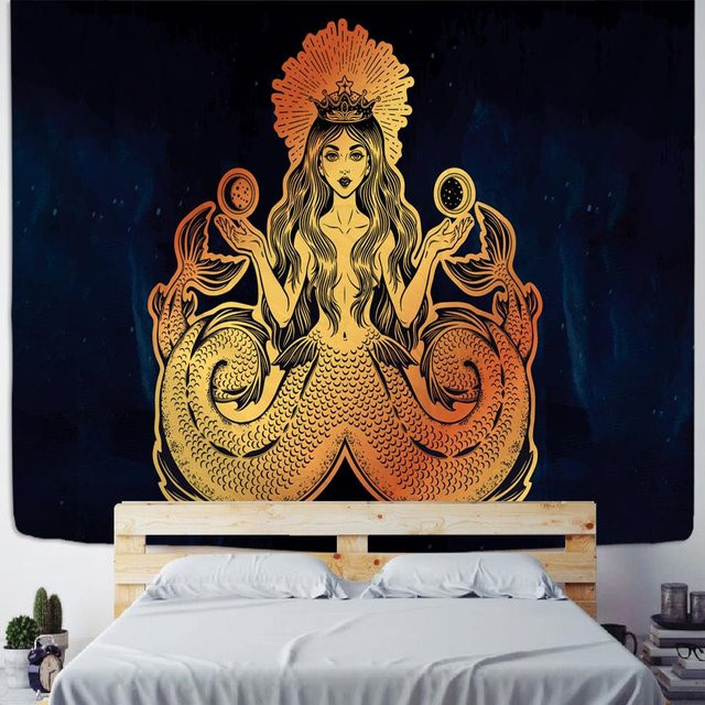 Boho Wandteppich mit Meerjungfrau, Sonne und Mond in Braun, Wandbehang mit grafischem Design, Breite: 95 cm, Höhe: 70 cm - Bild 1