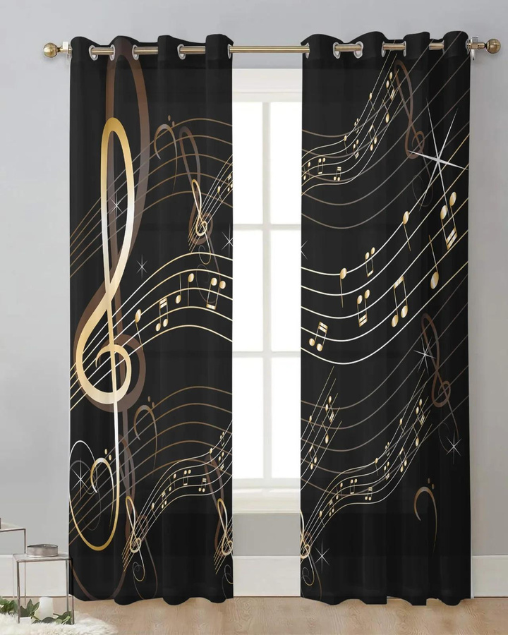 Transparente Musiknoten Vorhänge aus schwarzem Chiffon und Tüll für Wohnzimmer und Schlafzimmer, Breite: 135 cm, Höhe: 115 cm - Bild 3