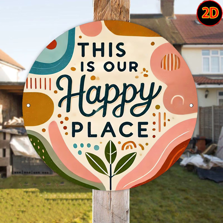 Rundes Wandkunstschild aus Metall von Potdemiel mit dem Schriftzug This Is Our Happy Place in farbenfrohem, abstraktem und geometrischem Vintage-Design, Durchmesser: 20 cm - Bild 6